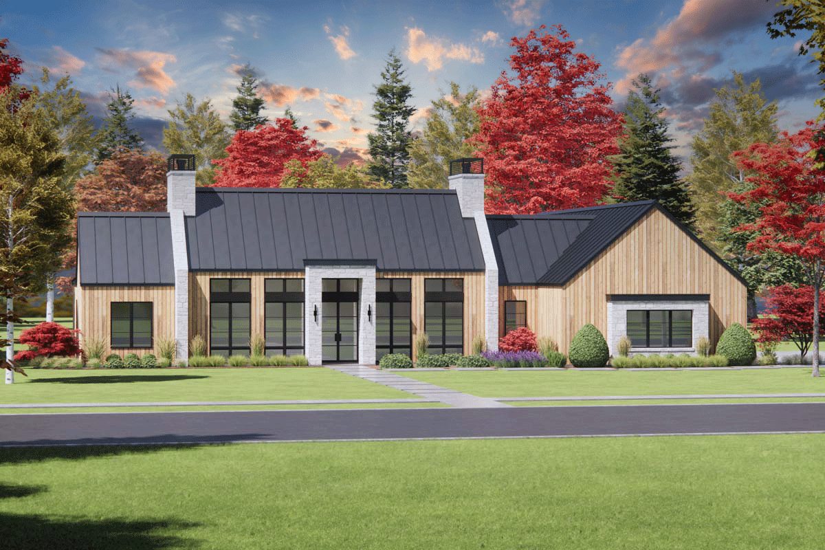 House plan exterior: Modern single-story with gable roof, vertical wood siding, stone accents, large windows, and two chimneys.