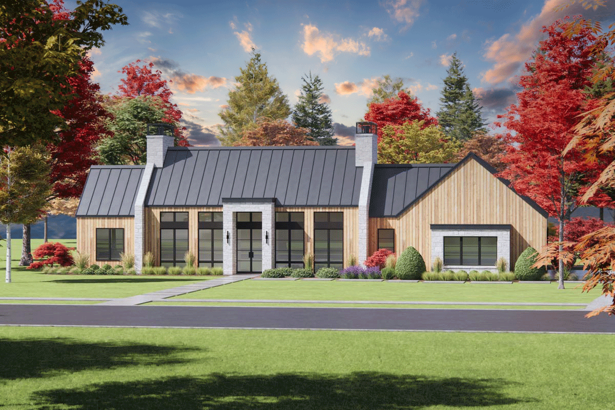 House plan exterior featuring a Modern Farmhouse style with a gable roof, board and batten siding, and a stone accent facade. One story.