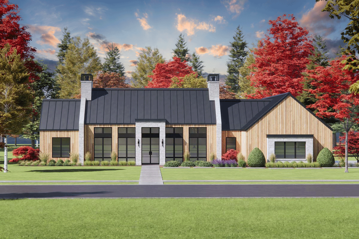 Modern house plan exterior with metal roof, wood siding, stone accents, and tall windows.