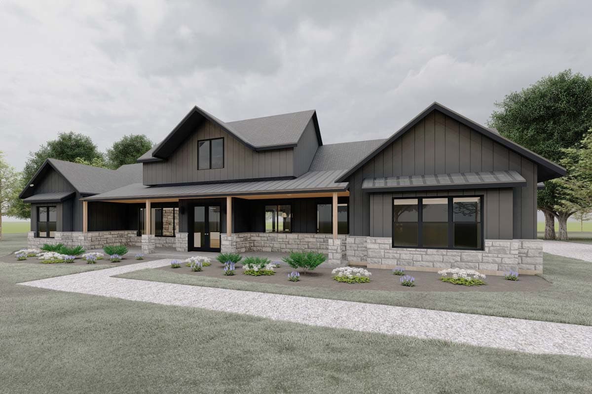 Modern Farmhouse style house plan exterior with stone base, dark siding, wide porch, and multiple gables.
