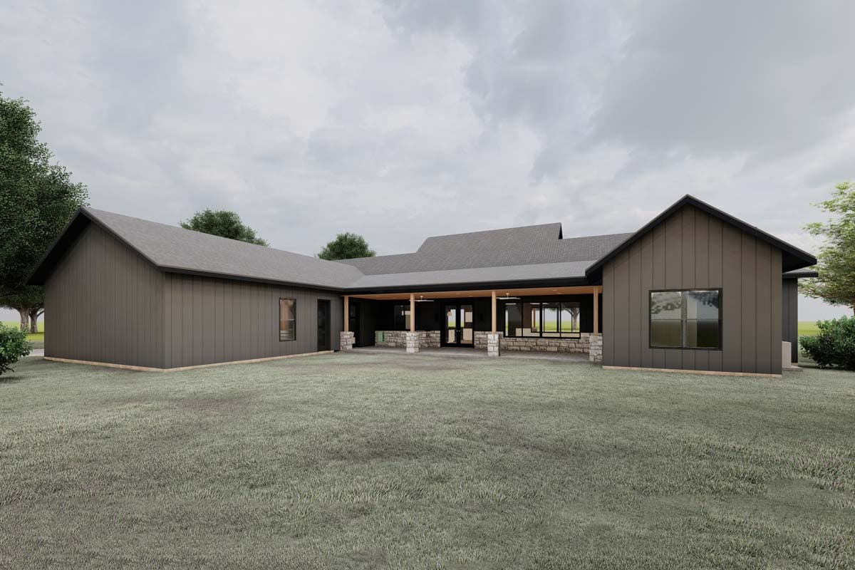 Modern farmhouse house plan exterior with dark vertical siding, gabled roofs, and a covered patio with stone accents.
