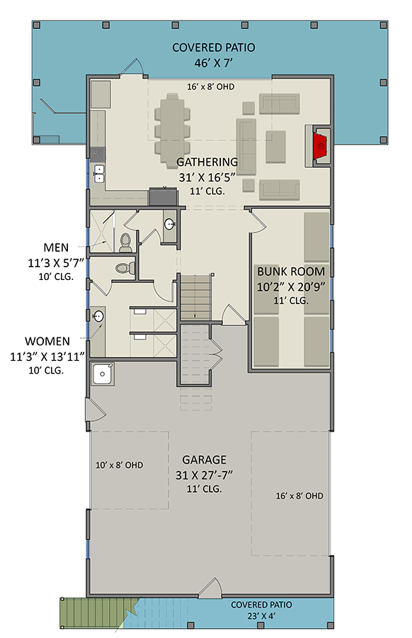Plan 25438TF: Rustic Cabin Vacation Home Plan with Bunk Room and Two Kitchens - 3317 Sq Ft - Floor Plan - Main Level - Cabin, Cottage, Country, Rustic, Vacation