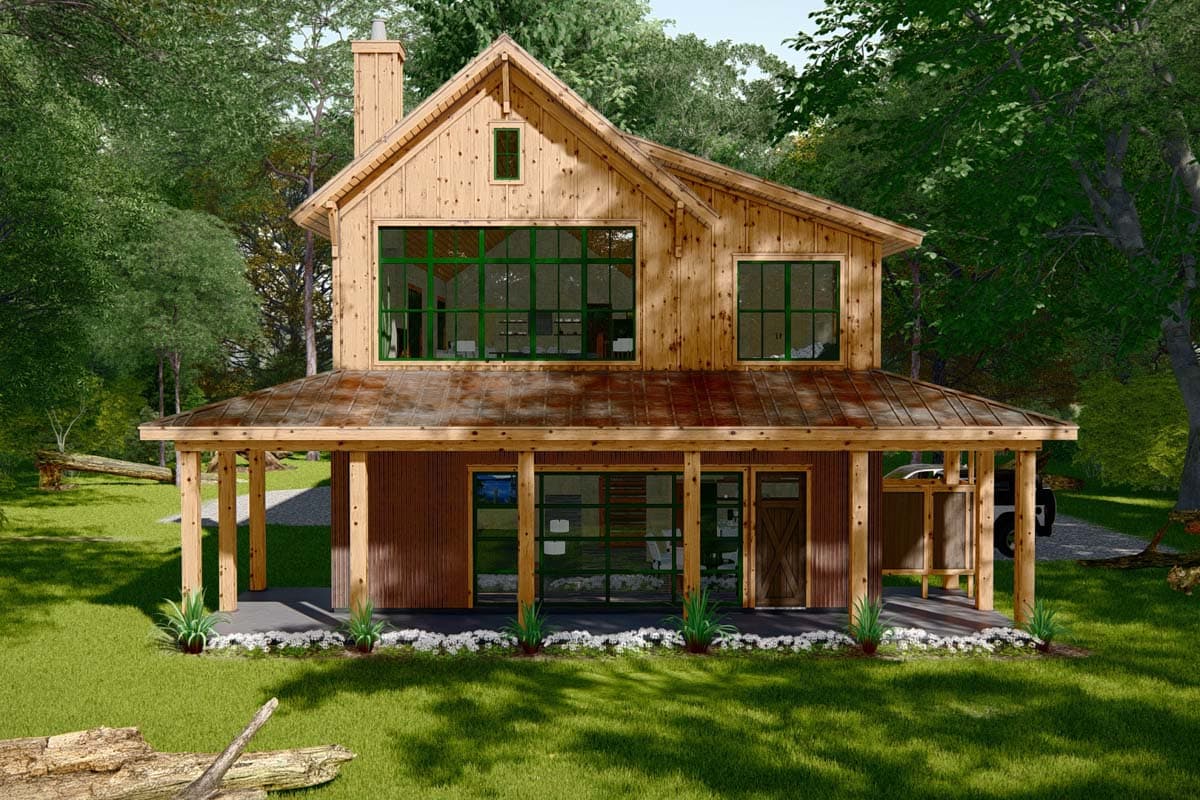Modern Farmhouse house plan exterior with metal roof, wrap-around porch, and large windows.