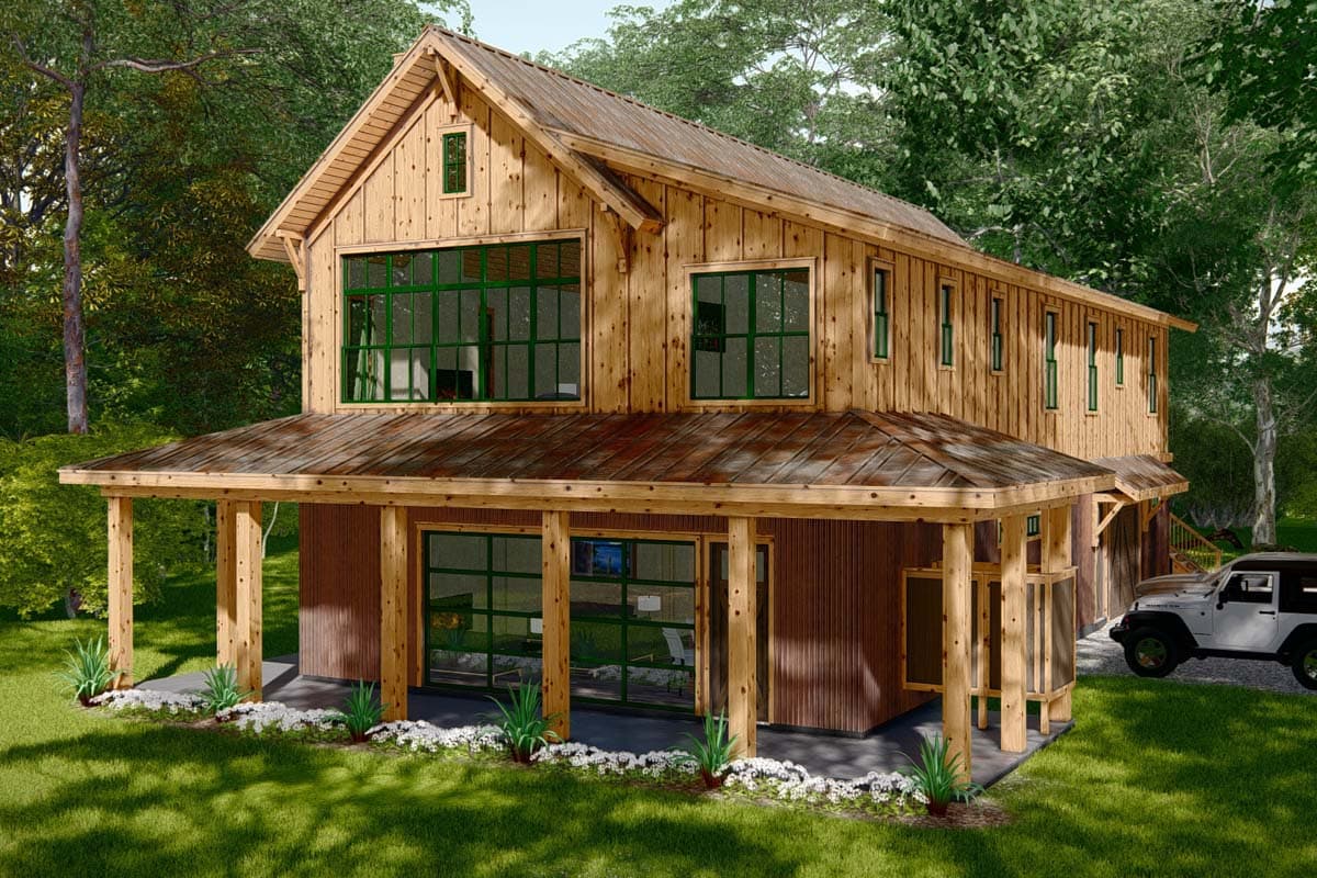 House plan exterior. Two-story barn-style home with a gabled roof, a covered porch, and a garage on the right side.