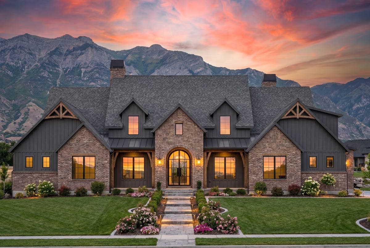 House plan exterior: Modern Farmhouse style, two stories, brick and board and batten facade, prominent gables, and metal roof accents.