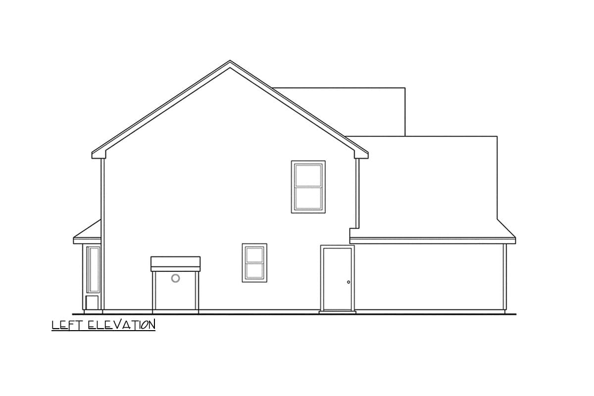Left elevation of a two-story house plan featuring a gable roof, two windows, and a covered porch.