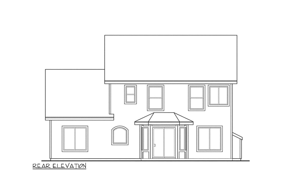 Rear elevation drawing of a two-story house with a central bay window and a sloping roofline.