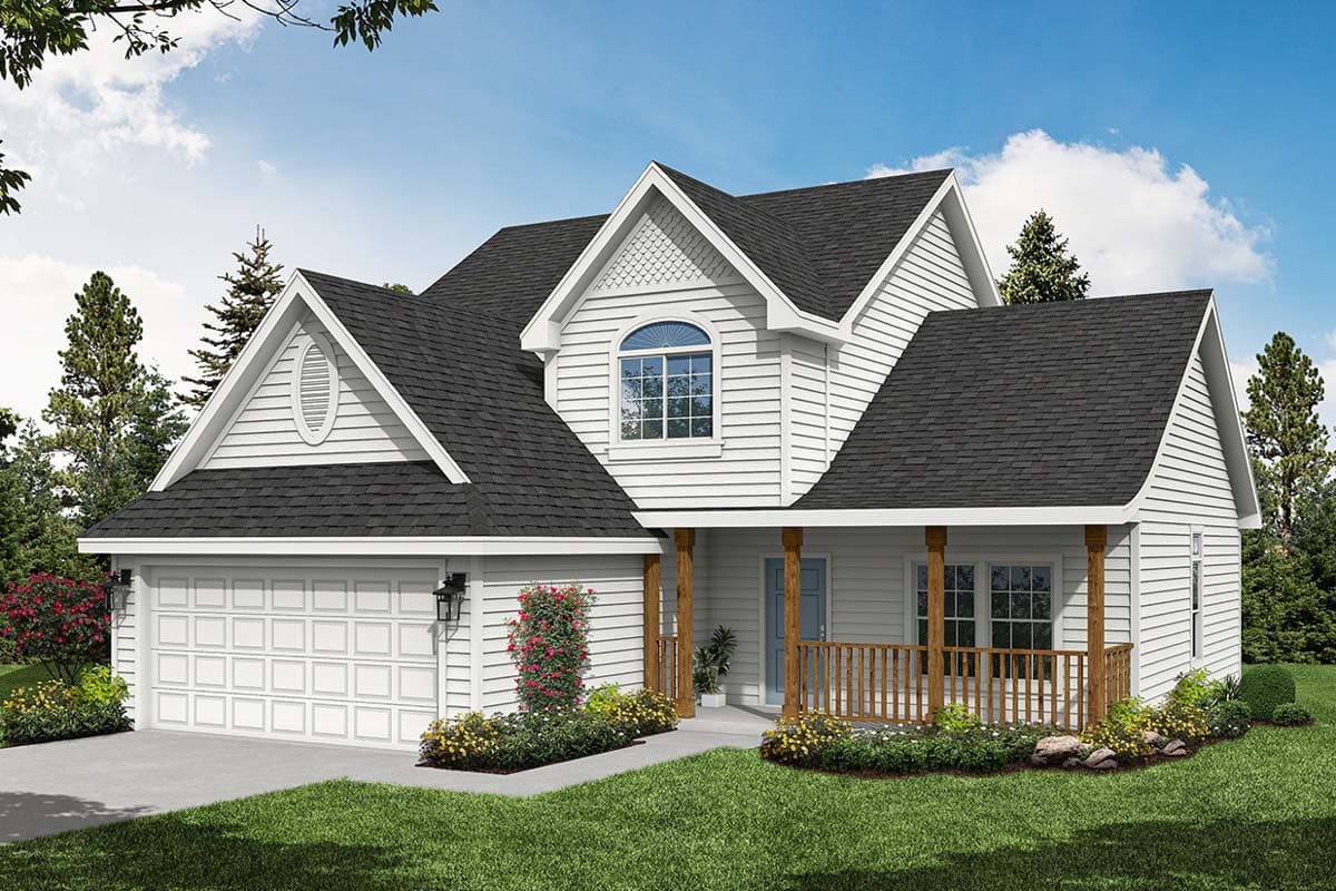 House plan exterior with two stories. Features a front porch with railing, multiple gables, and an arched window. Includes an attached garage.