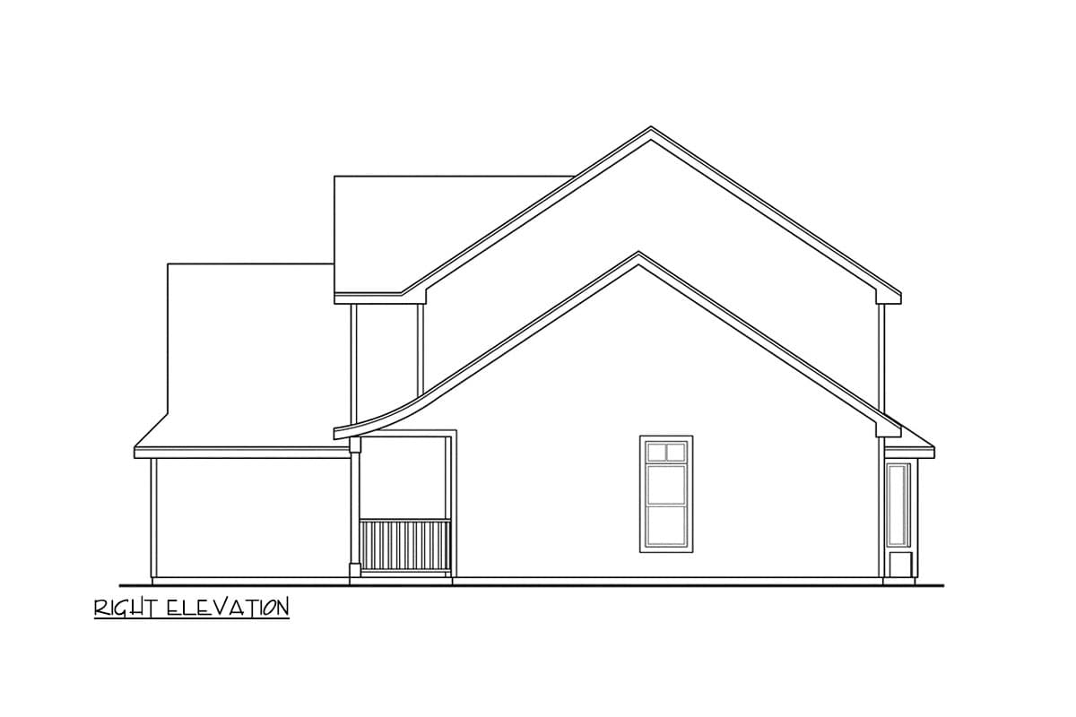 Right elevation house plan with a covered porch, multiple gables, and a two-story section.