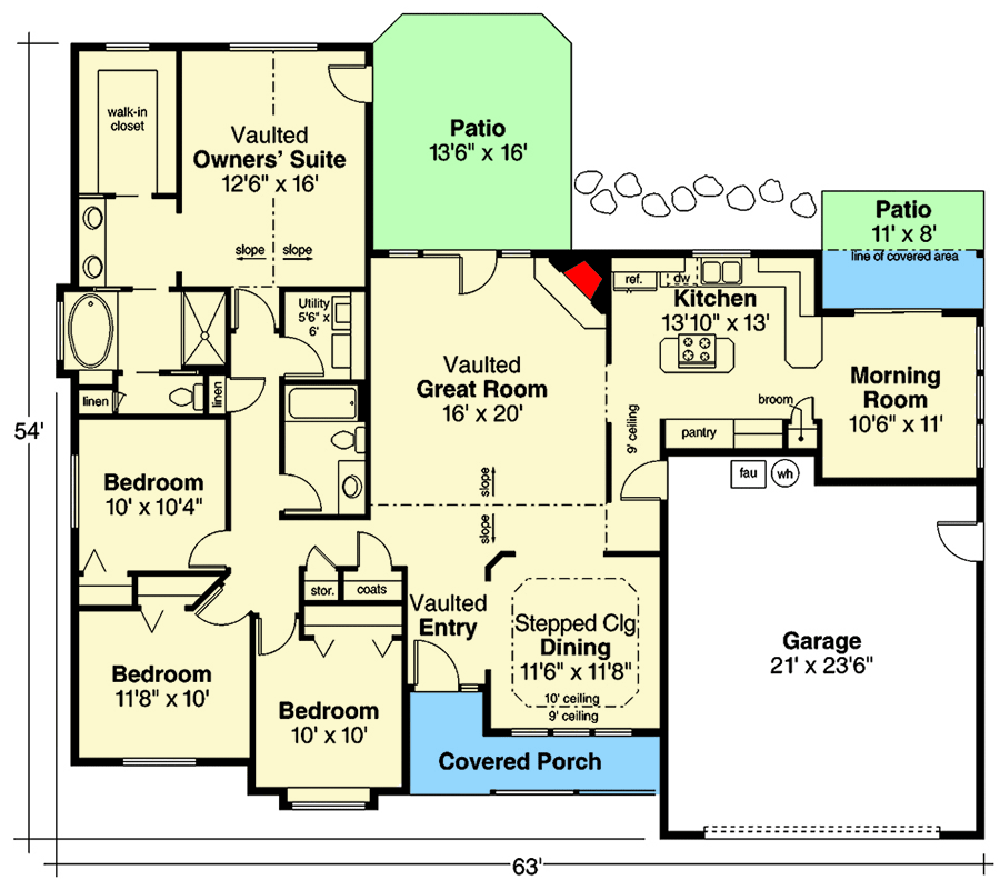 Plan 72406DA: One-Story 4-Bed House Plan with Vaulted Great Room - 1970 Sq Ft - Floor Plan - Main Level - Ranch, Traditional