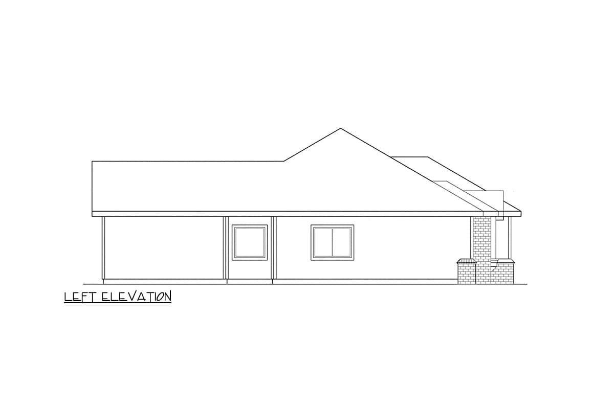 Left elevation drawing of a single-story house with hip roof, two windows, and a brick porch.