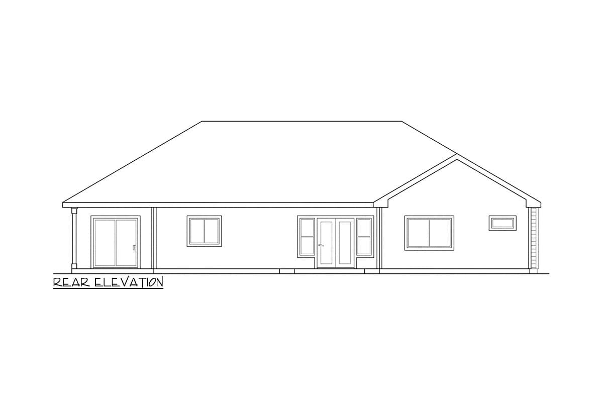Rear elevation drawing of a single-story house with a gabled roof, featuring a double door, two sliding doors, and multiple windows.
