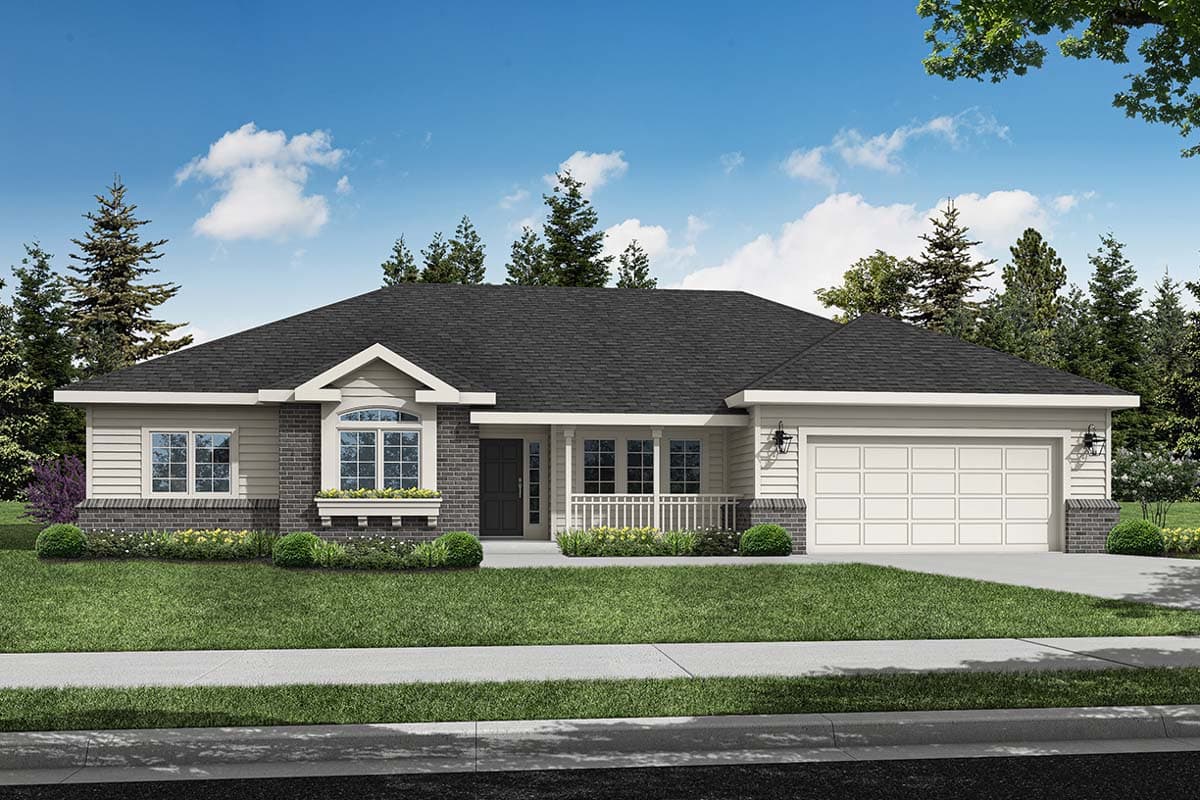 House plan exterior. Single-story home with a gabled roof, brick accents, a porch with railing, and an attached garage.