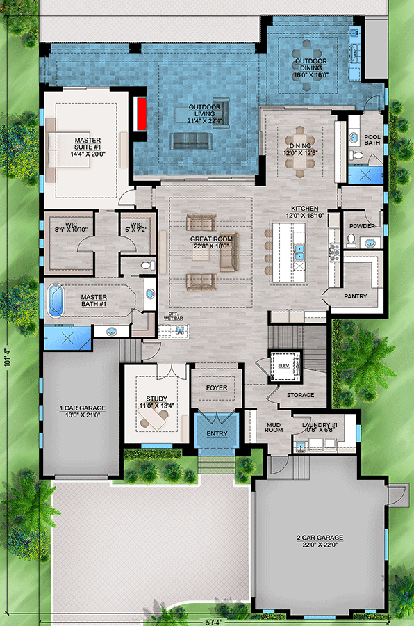Plan 86139BW: 2-Story Coastal Contemporary House Plan with Two Garages - 4789 Sq Ft - Floor Plan - Main Level - Contemporary, European, Florida-Style, Southern, Transitional
