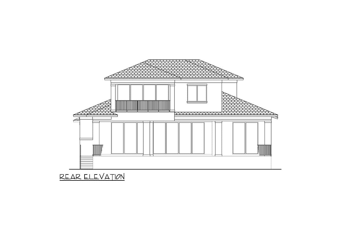 Rear elevation drawing of a two-story house with a covered porch, balcony with railing, and numerous large windows.