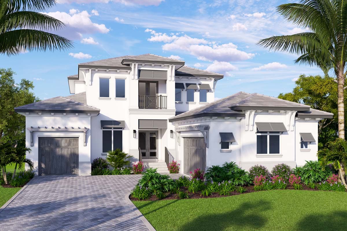 House plan exterior. Two-story Mediterranean style with multiple rooflines, attached garage, and second-story balcony.