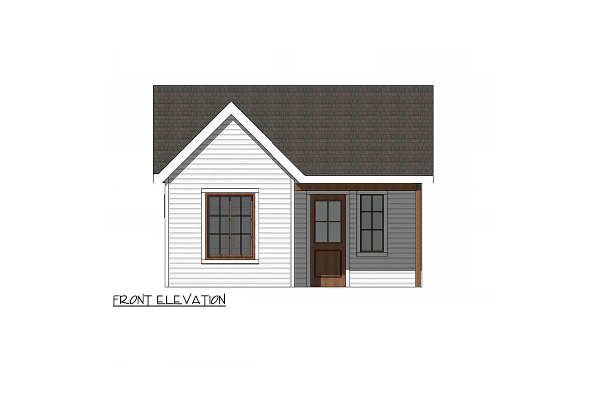 Front elevation drawing of a small house with a gable roof, a main window, and a small covered entrance with a door and window.