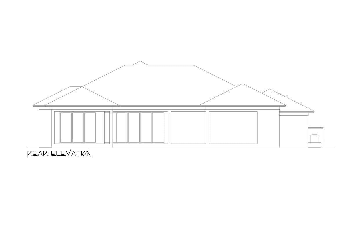 Rear elevation drawing of a single-story house plan with a large bank of windows and a hip roof.
