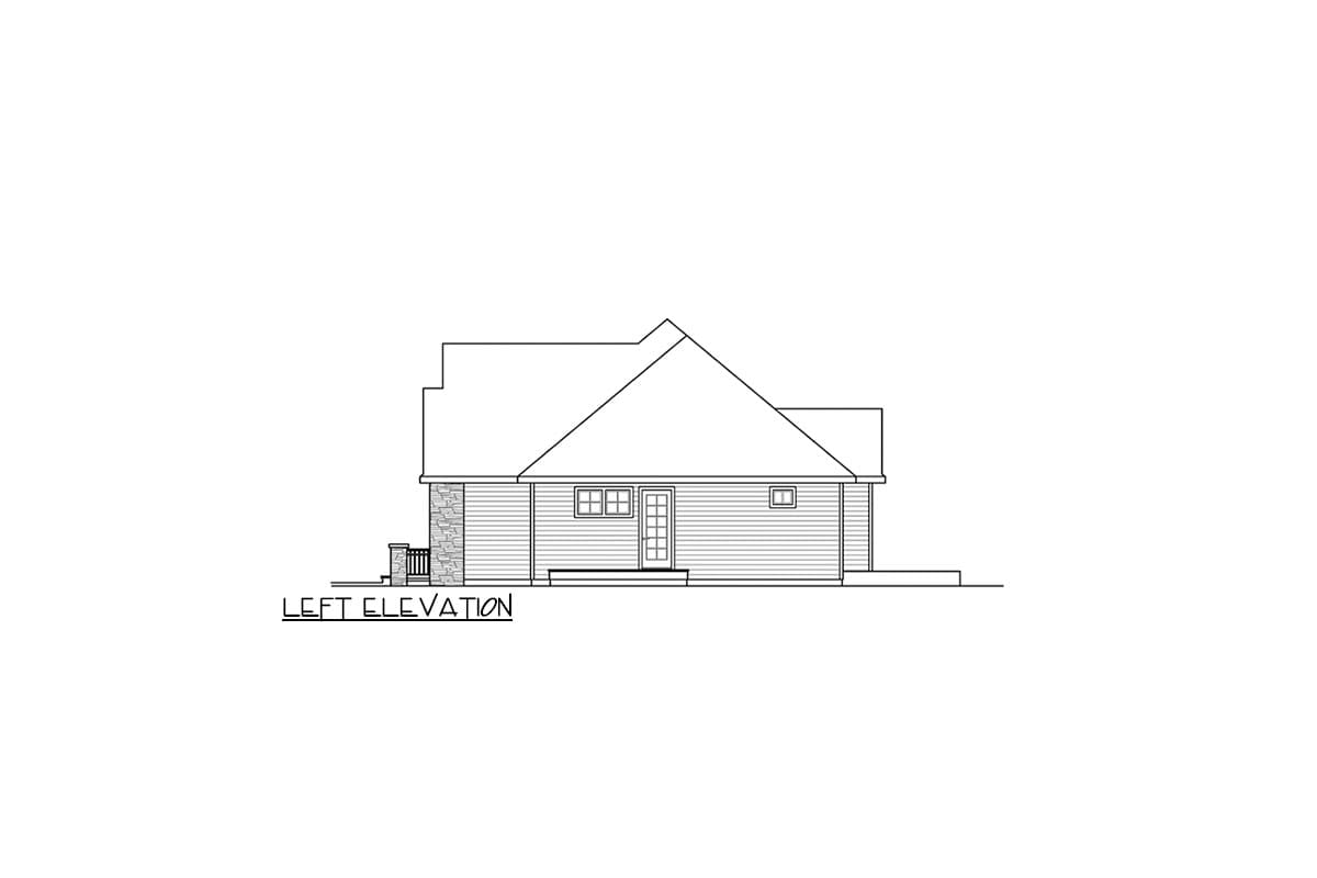 Left elevation house plan drawing shows a side view with siding, stone accent, and a prominent gable roofline.
