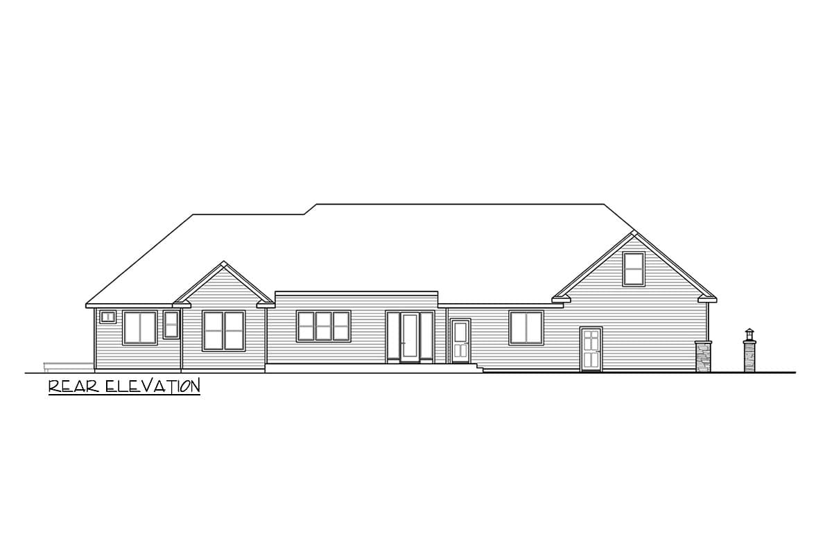 Rear elevation drawing of a single-story house plan with multiple gables, a central section with double doors, and various window configurations.