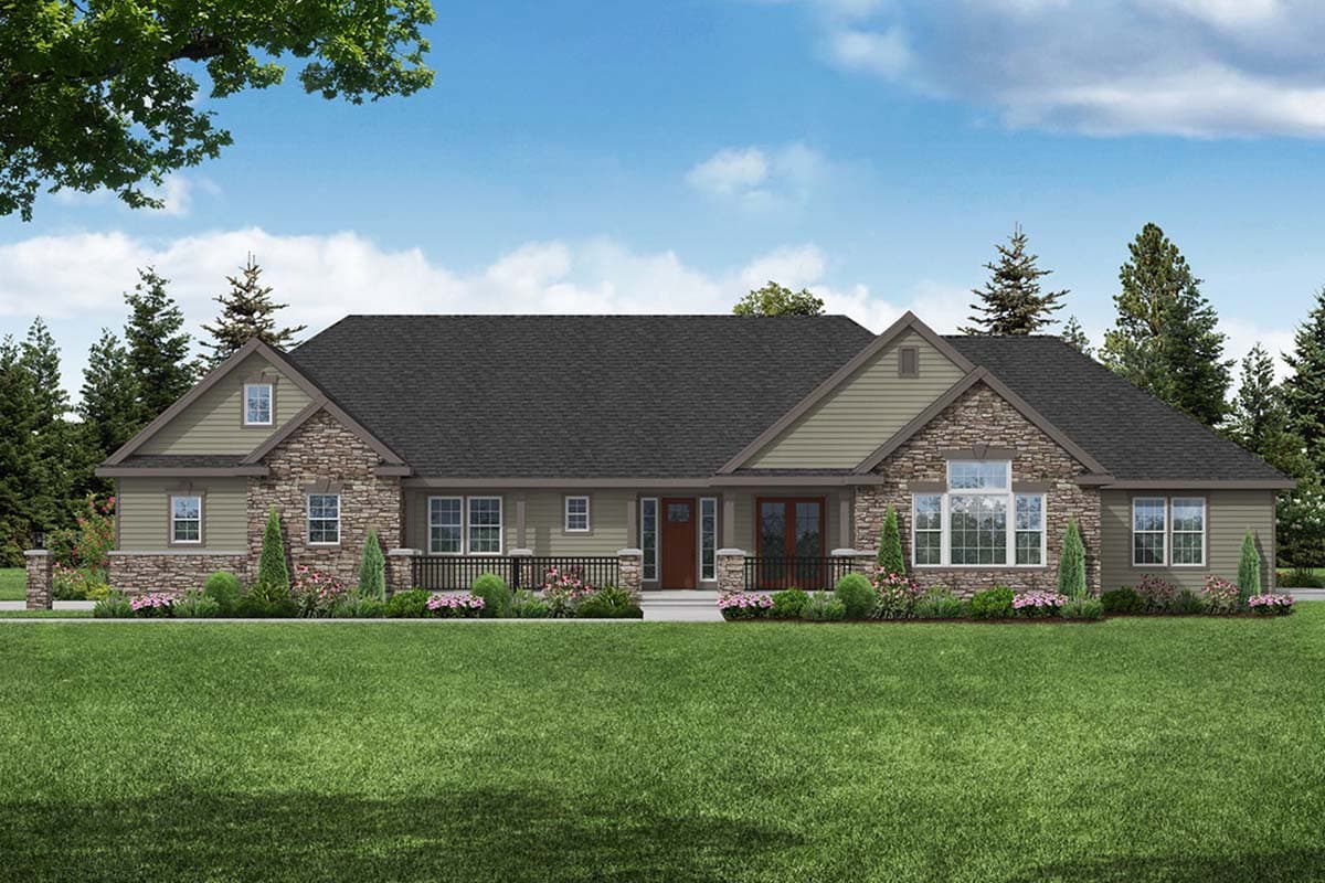 House plan exterior with stone accents, a low-pitched roof, and a covered porch. Features include gables and multiple windows.
