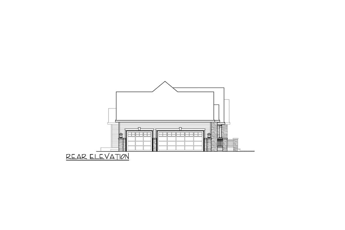 Rear elevation house plan featuring a two-car garage, stone accents, and covered entry.