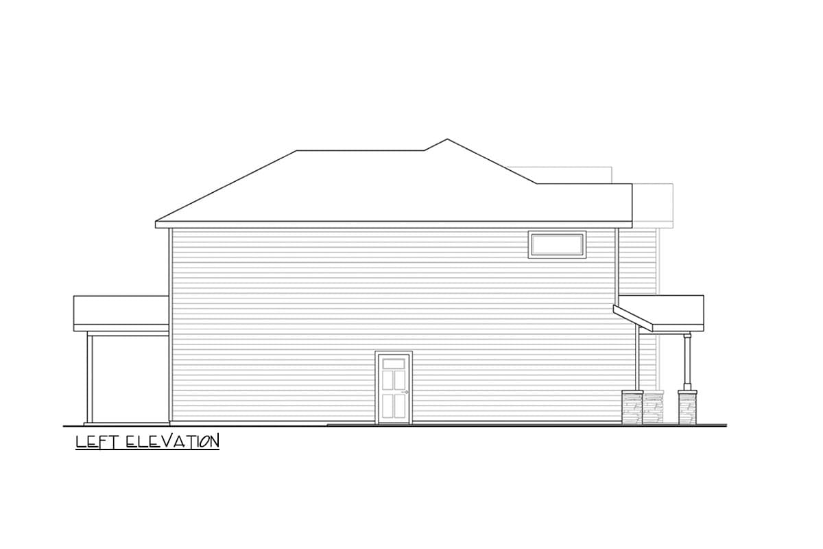 Left elevation drawing of a two-story house plan with horizontal siding, a single door, and a covered porch with stone pillars.