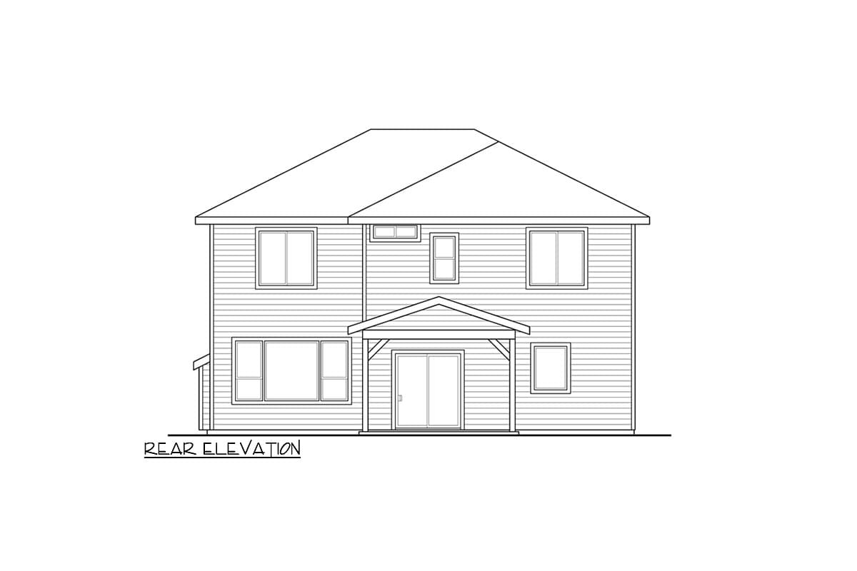 Rear elevation drawing of a two-story house with horizontal siding, a covered entry, and multiple windows.