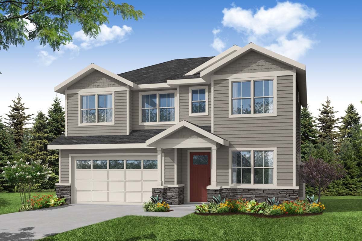 House plan exterior. Two-story Craftsman home with gabled roof, covered entry, and attached garage. Stone accents on the foundation and entry posts.