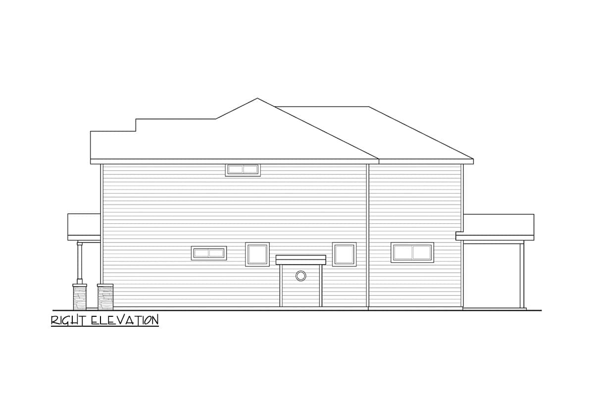 Right elevation house plan drawing showing a two-story house with horizontal siding, multiple windows, a covered porch, and an attached garage.