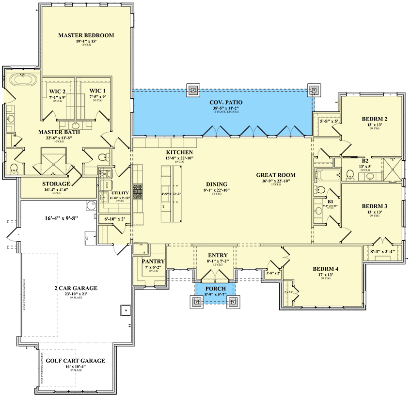 Plan 264032KMD: Contemporary Prairie-Style Ranch Home Plan with Golf Cart Garage - 3162 Sq Ft - Floor Plan - Main Level - Contemporary, Prairie, Ranch