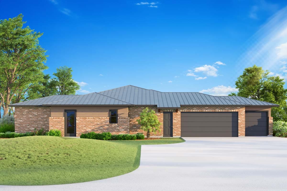 House plan exterior: single-story home with brick and wood siding, metal roof, and a three-car garage.