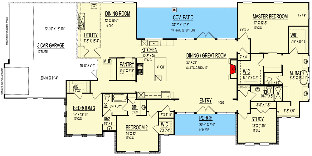 Plan 264033KMD: One-Story House Plan with 3-Car Garage with 2 Bays - 3121 Sq Ft - Floor Plan - Main Level - New American, Ranch, Transitional
