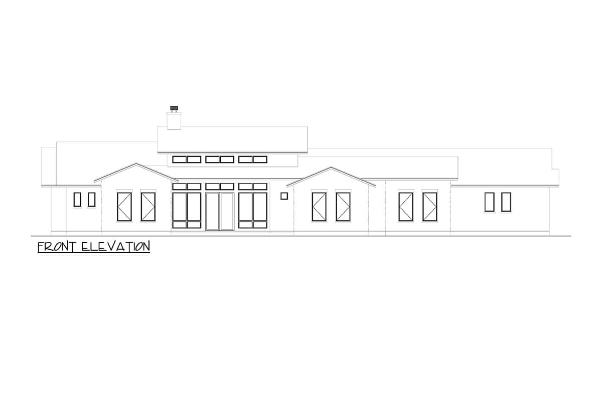 Front elevation drawing of a single-story house plan featuring a pitched roof, multiple windows, and a prominent chimney.