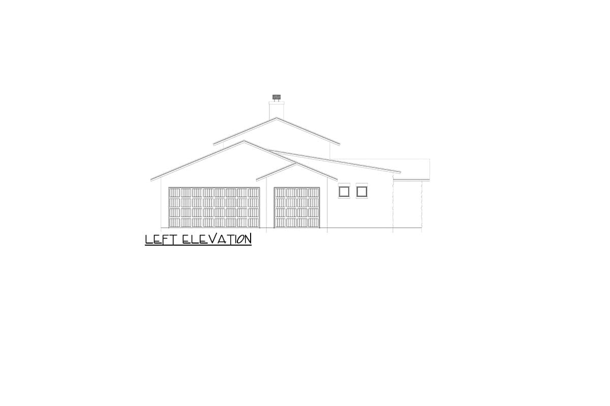Left elevation drawing of house plan featuring a prominent gable, two garage doors, and a chimney.