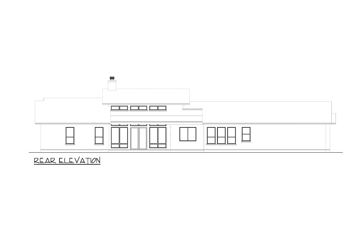 Rear elevation house plan showing a long, modern structure with a flat roof, clerestory windows, and multiple large window and door units.