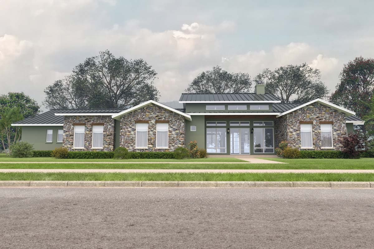 House plan exterior. One-story house with stone facade and metal roof. Features include gabled rooflines, large windows, and a clerestory window.