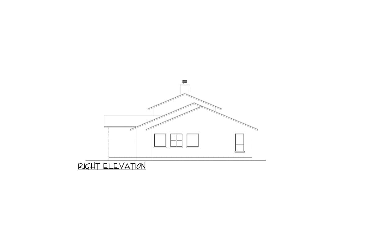 Right elevation drawing of a house plan featuring multiple gables and a chimney.
