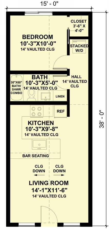 Plan 420127WNT: 1-Bed Cottage with 14-Foot Vaulted Ceiling - 570 Sq Ft - Floor Plan - Main Level - A-Frame, Cabin, Cottage, Vacation