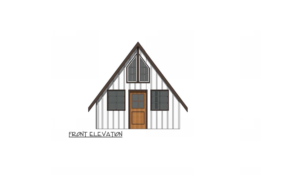 Front elevation drawing of a house with a steeply pitched gable roof, board and batten siding, central door, and three windows.