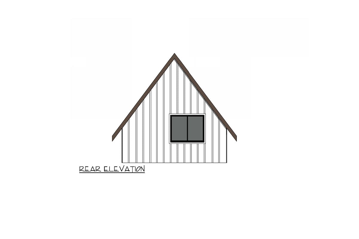 Rear elevation drawing of a house with vertical siding, a prominent gable roof, and a single window.