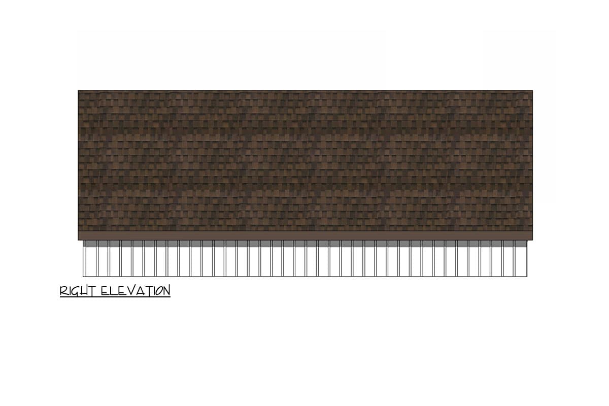 Right elevation drawing of a house plan showing a shingled roof and vertical siding.