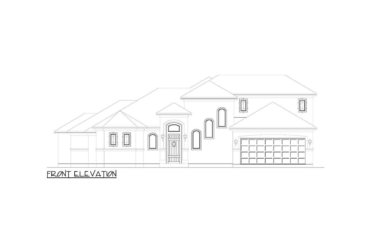 Front elevation drawing of a two-story house plan with a two-car garage, arched windows, and a covered entry.