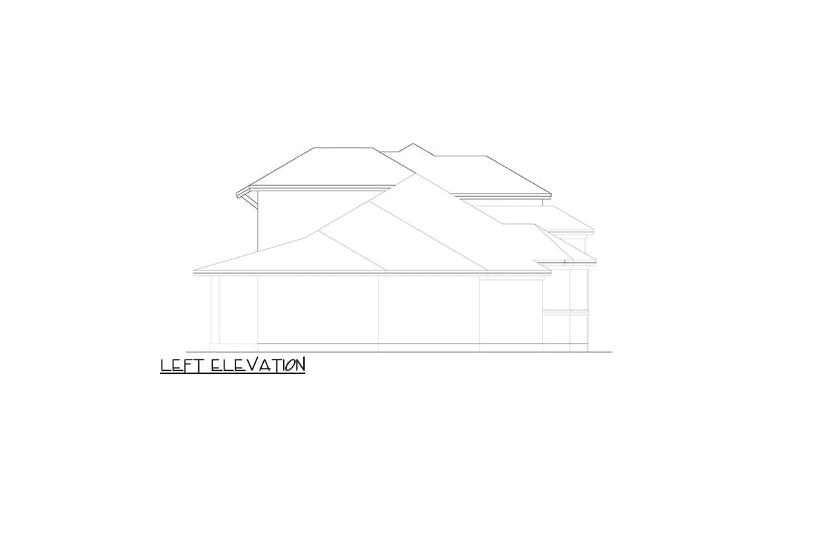 Left elevation drawing of a two-story house plan with multiple gables and a covered porch.