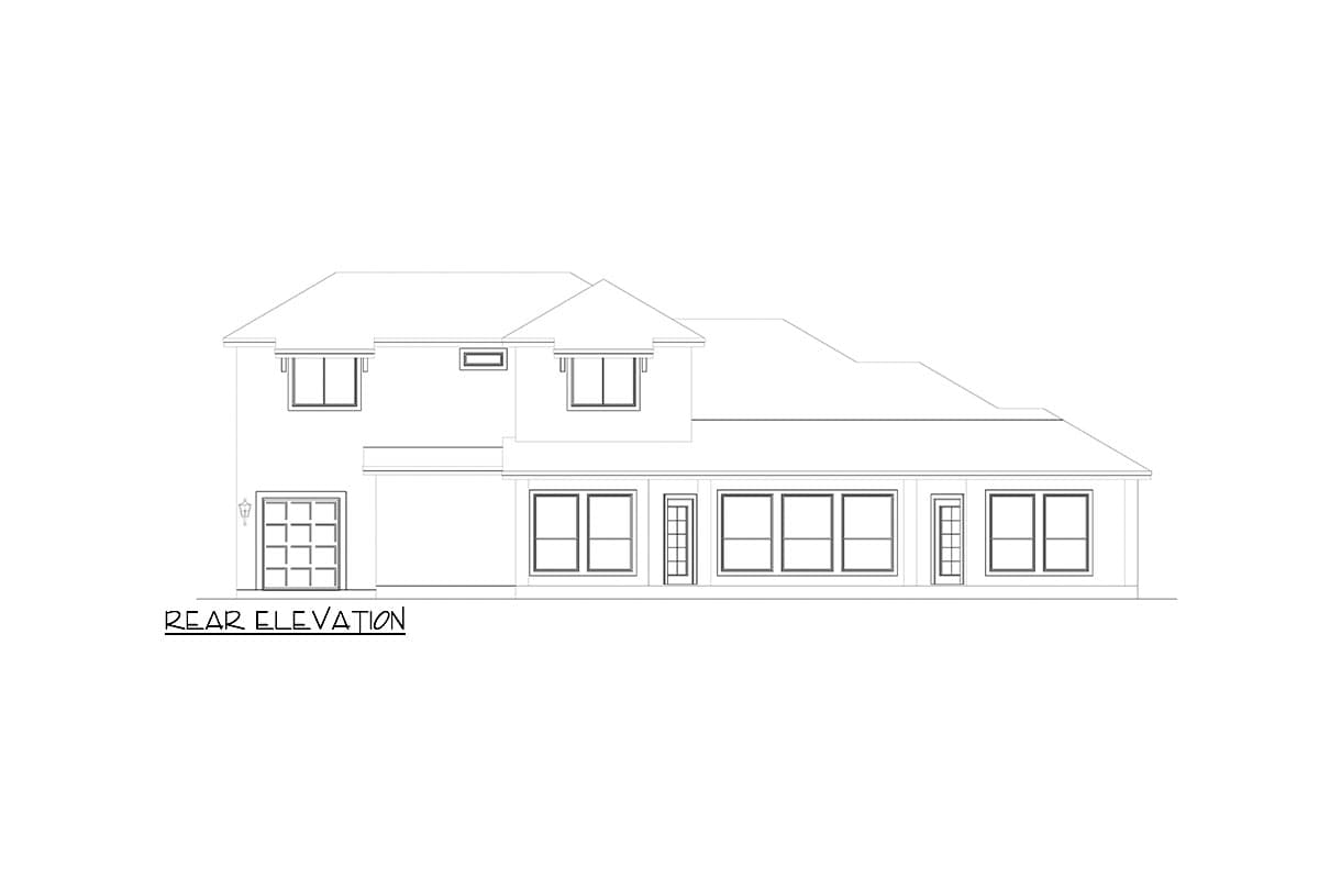 Rear elevation drawing of a two-story house plan with attached garage, multiple windows, and a single door.