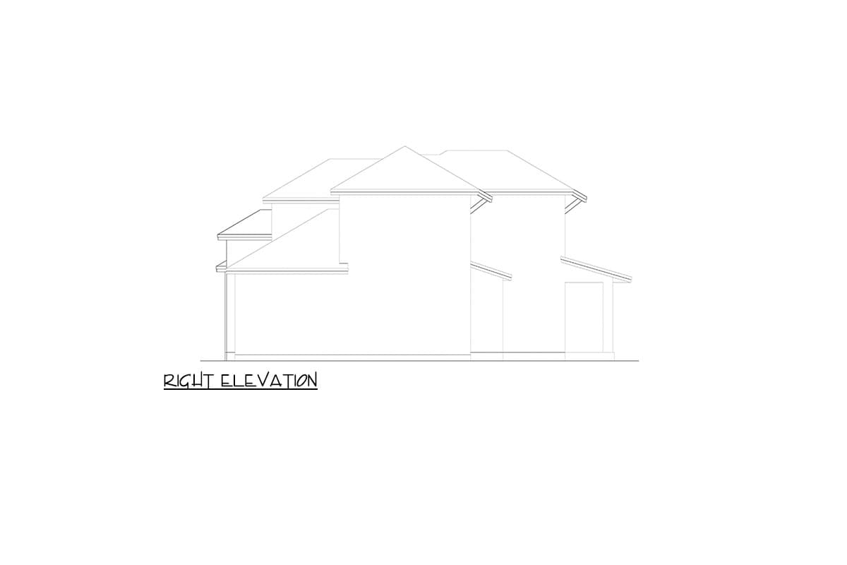 Right elevation house plan drawing showing rooflines, gables, and covered porch.