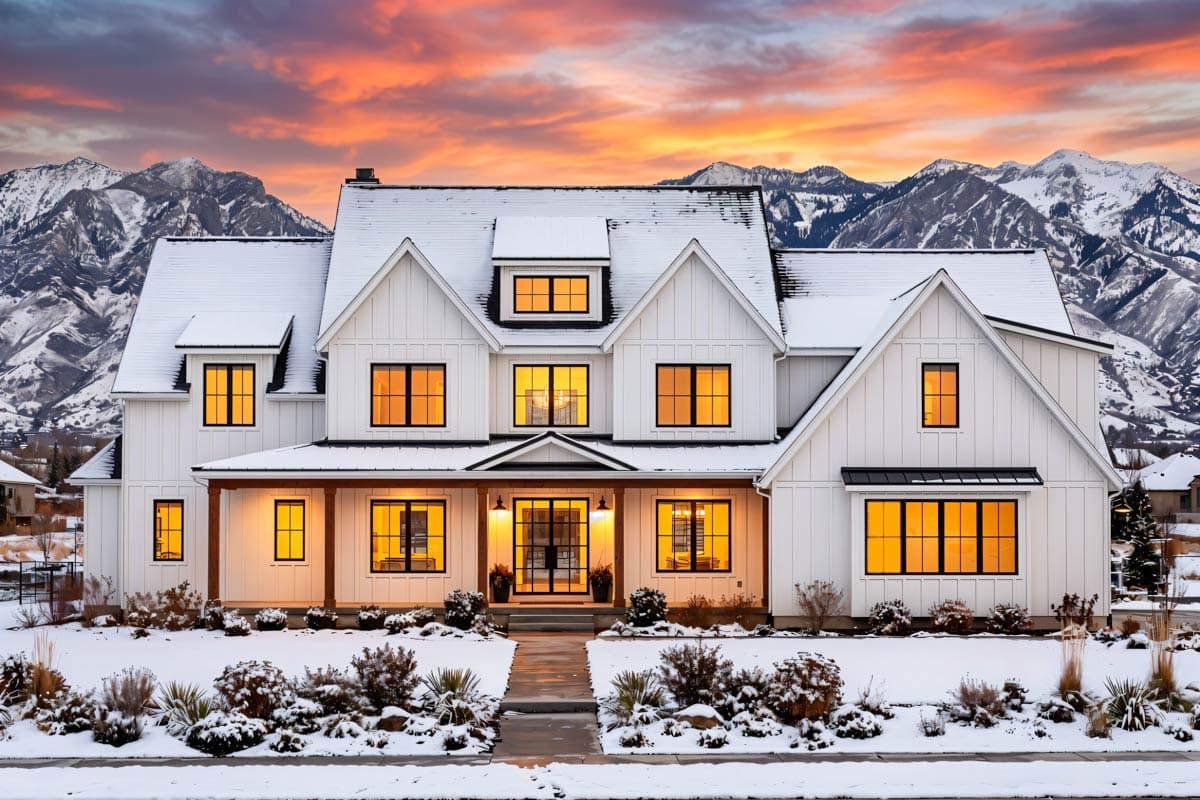 A large, white farmhouse with lit windows sits in a snowy landscape against a dramatic sunset and mountain backdrop.