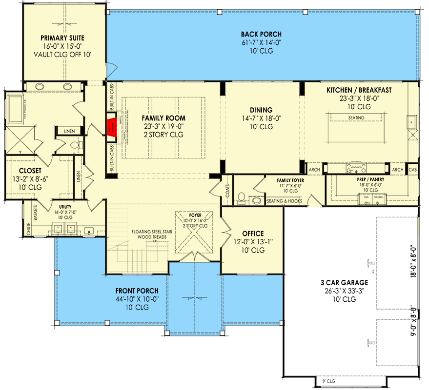 Plan 818113JSS: 4-Bed Modern Farmhouse Plan with Large Front and Rear Porches - 4164 Sq Ft - Floor Plan - Main Level - Country, Farmhouse, Modern Farmhouse, New American