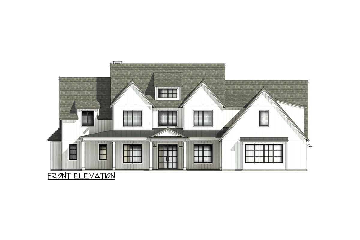 Front elevation rendering of a large, modern farmhouse with white siding, black-framed windows, and a gray shingled roof.