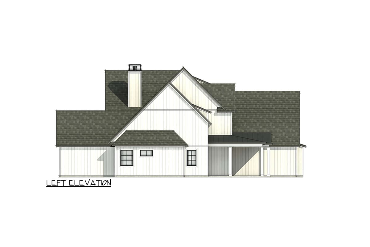 Architectural rendering of the left elevation of a modern farmhouse, featuring a white exterior, gray roof, and prominent gabled roof structure.